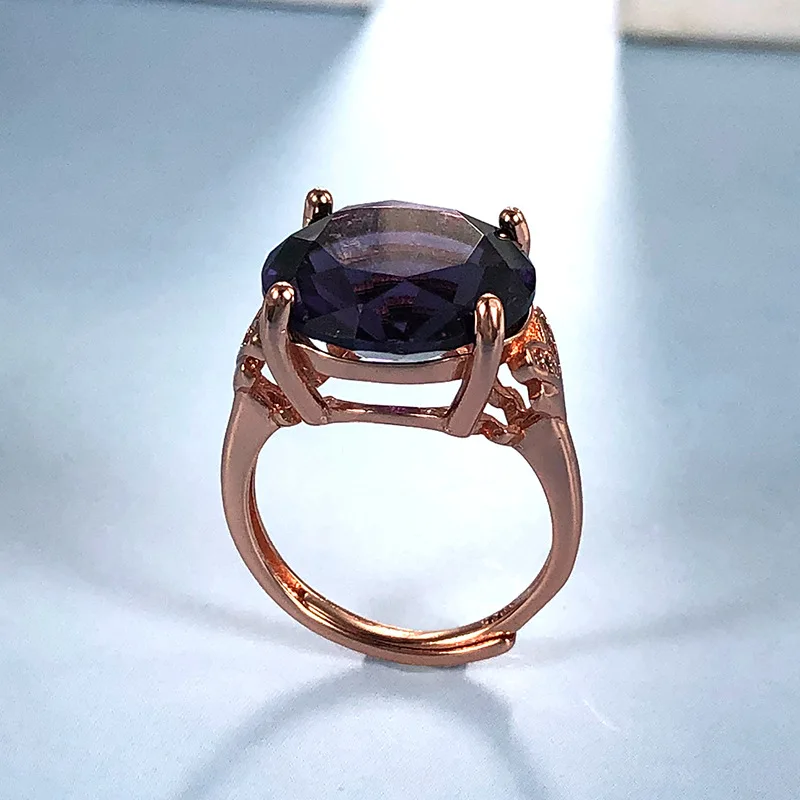 Retro Ring 925 Silver Jewelry with Oval Amethyst Zircon Gemstone Rose Gold Color Open Finger Rings for Women Wedding Party Gift