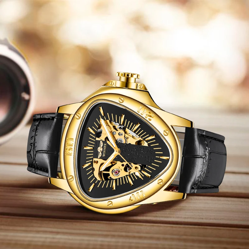 Drop Shipping Winner Fashion Triangle Golden Skeleton Movement Racing Sports Design Men Automatic Mechanical Wrist Watches