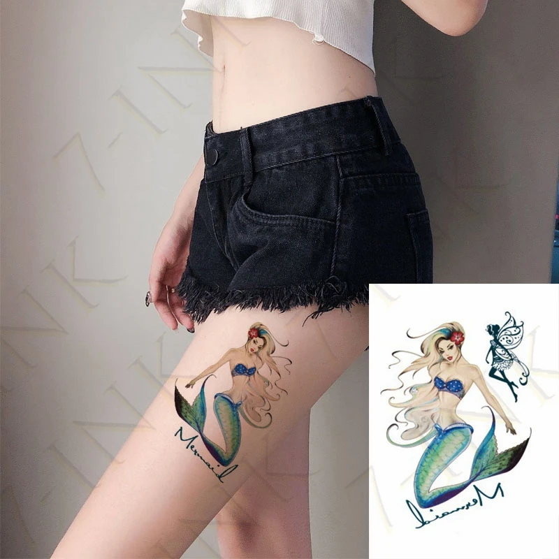 Waterproof Temporary Tattoo Blue Nude Mermaid Water Transfer Flash Tatto Fake Tattoos for Kids Boys