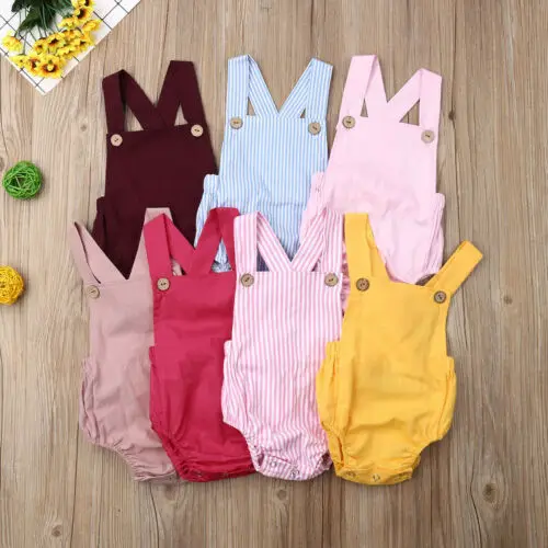 Newborn Infant Baby Boy Girl Playsuit Summer Button Jumpsuit Striped Casual Sleeveless Backless Solid Outfits Clothes