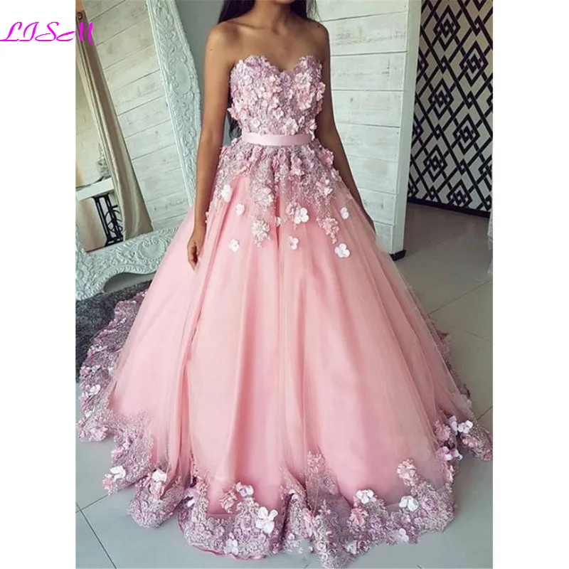 Sweetheart ลูกปัด Appliques พรหมชุดยาว Tulle 3D ดอกไม้ Party Gowns น่ารักเอ็มไพร์ชุดราตรี Vestido De Festa