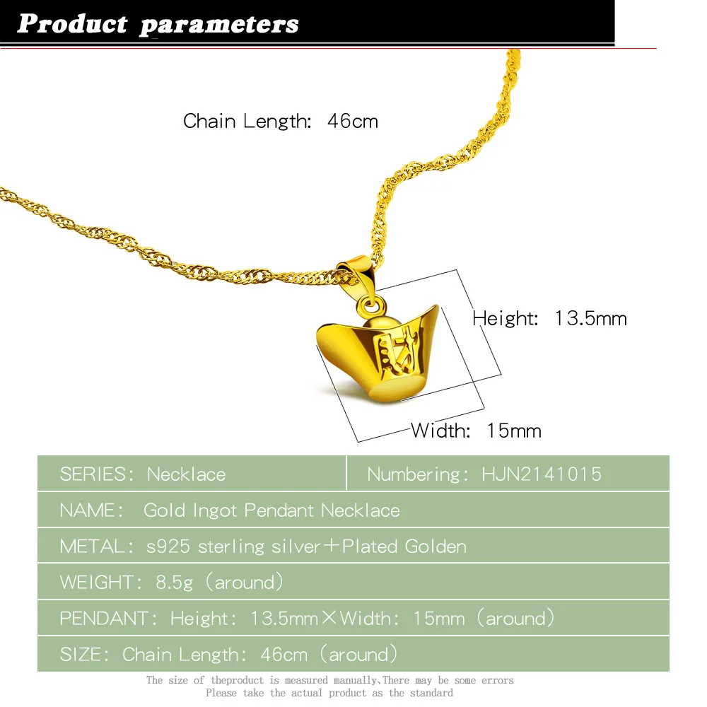 925 Sterling Silver Necklace Women's Surface Real 24K Gold Ingot Pendant Necklace Vintage Clavicle Chain 41-61CM Gold Collar