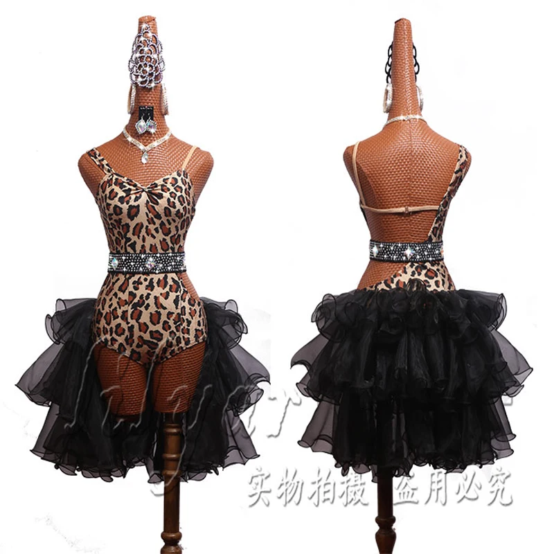 Latin Dance Competition Dress Show Adult Custom Leopard Print Sexy Slim Fit Black Dance Dress