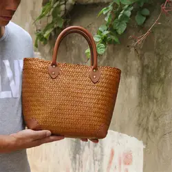 29x21CM Thailand Straw Bag Rattan Straw Bag Handbag Mini Retro Vacation Women Bucket Original Bag a6104