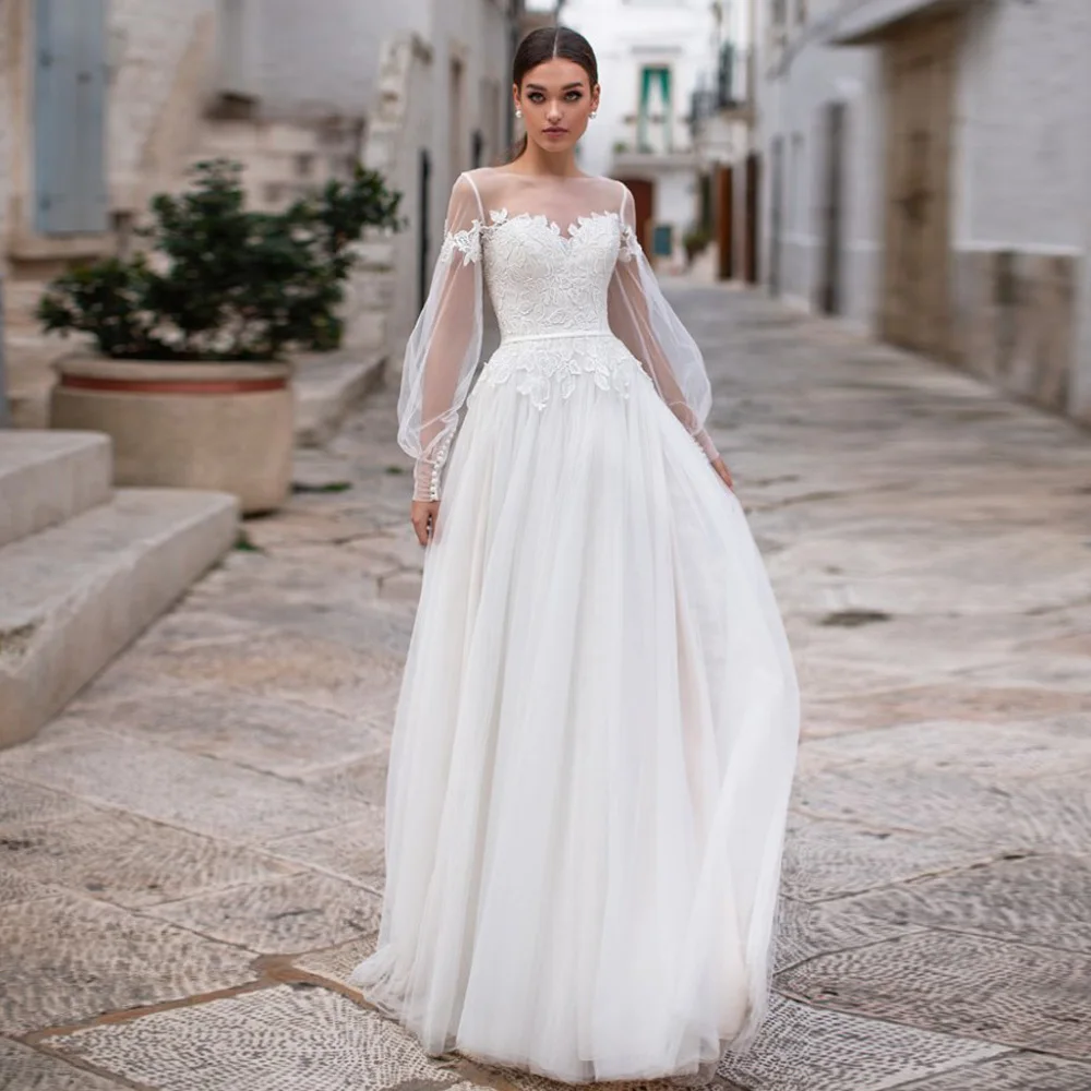 Vestidos De Boda De Princesa con mangas abullonadas, Apliques De encaje delicado, Blanco/Marfil, para boda, De talla grande