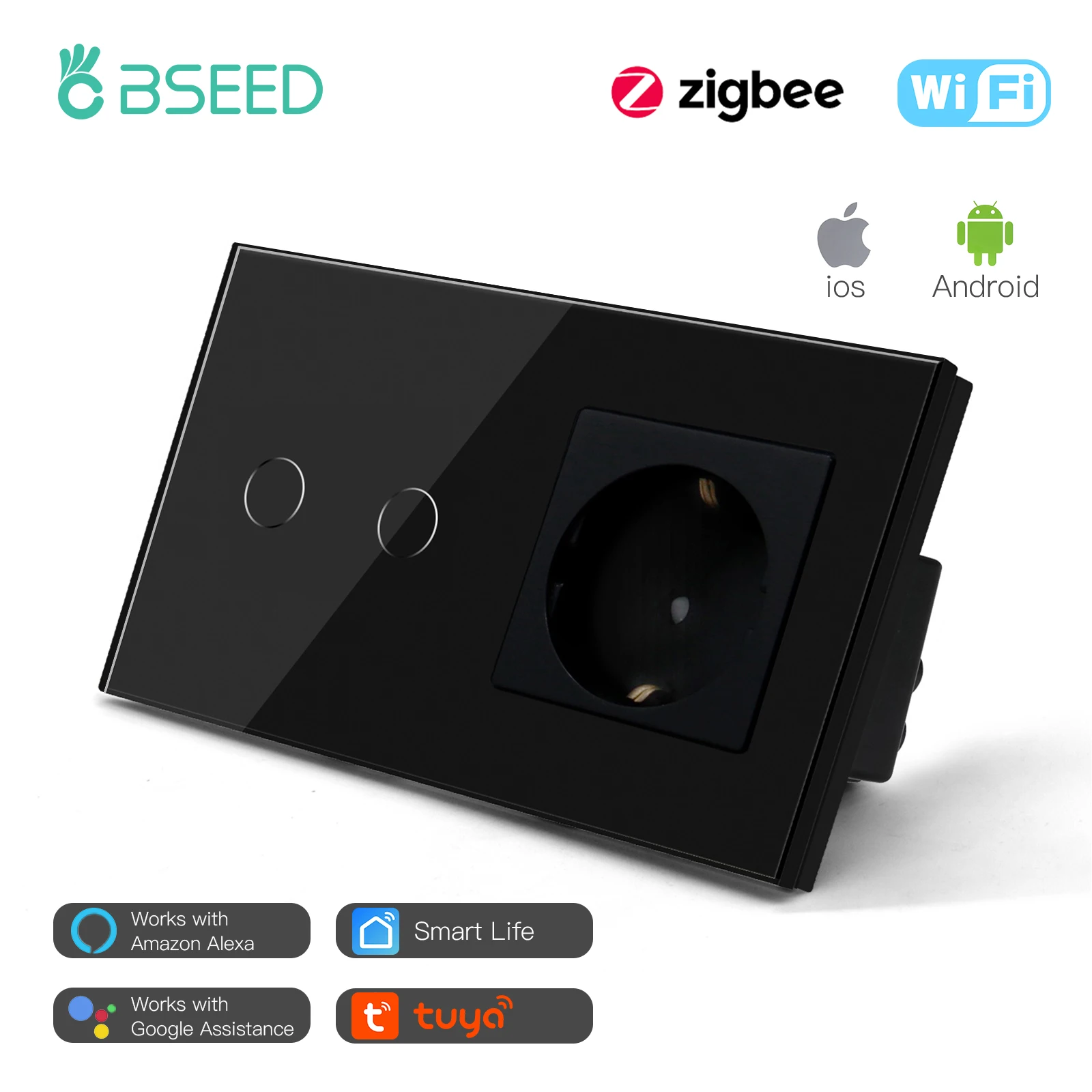 Bseed New Zigbee Single Live 1/2/3 Gang Touch Switch EU Standard With Normal Socket 4 Color Crystal Glass Panel Smart Home