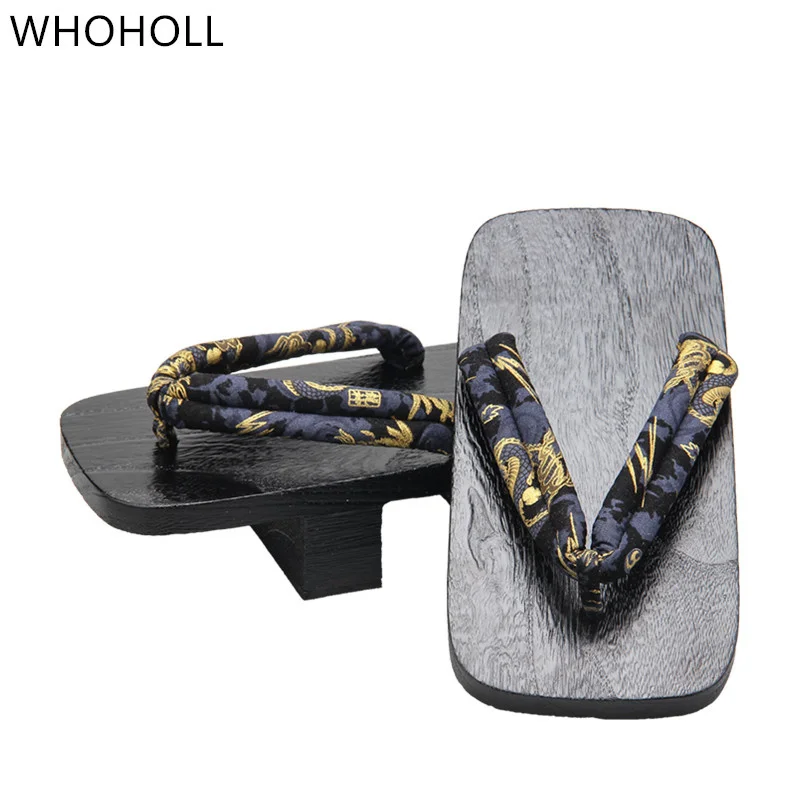 WHOHOLL Summer Men\'s Two-tooth Clogs High Heel Thick Bottom Japanese Geta Solid Wooden Slippers Cosplay Shoes Costumes