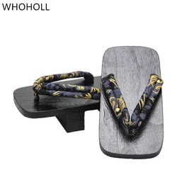 WHOHOLL Summer Men's Two-tooth Clogs High Heel Thick Bottom Japanese Geta Solid Wooden Slippers Cosplay Shoes Costumes