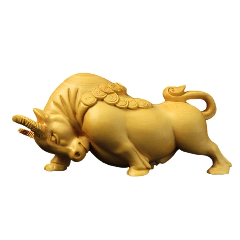 

Boxwood 12CM Bull Sculpture Wood Chinese Zodiac Lucky Ox Animal Statue Home Decor