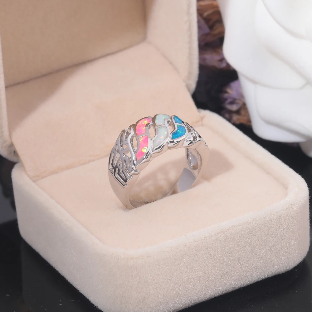 CiNily Created Blue White Pink Fire Opal Hollow Rings Silver Plated Ring Retail Fashion Jewelry for Women Wedding Ring Size 5-11