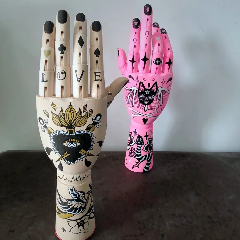 Tattoo Wooden Hand Ornaments Hand Articulated fingers Figurine Kanagawa Surf Painting Hand Movable Art Wooden Hand Joint ​Doll