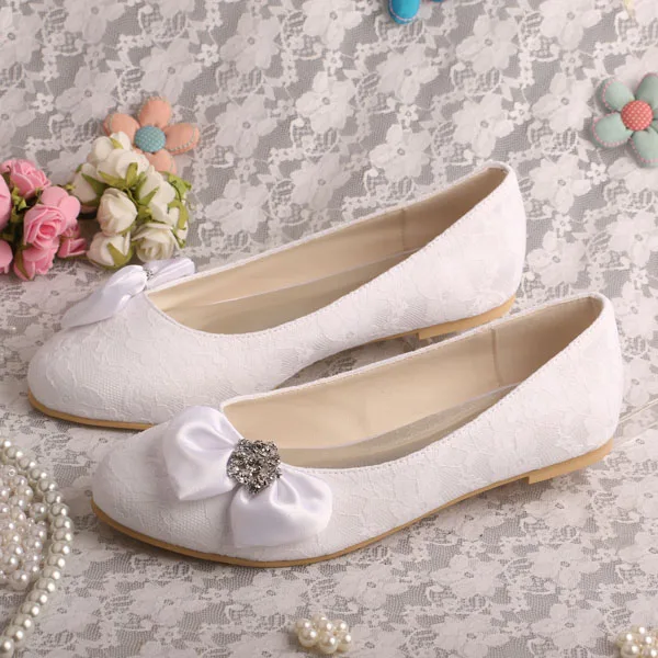 Venus lure Customized Ivory White Lace Flat Dress Shoes for Women Wedding Closed Toe