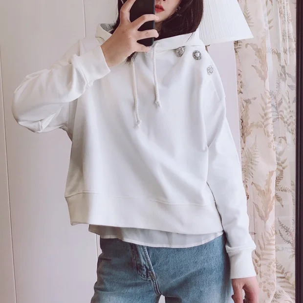 

White Pure Cotton Jumper Fashion Pullover Commuter Hot Rhinestone Shining Hooded Sweatshirt Black Hoodie Woman