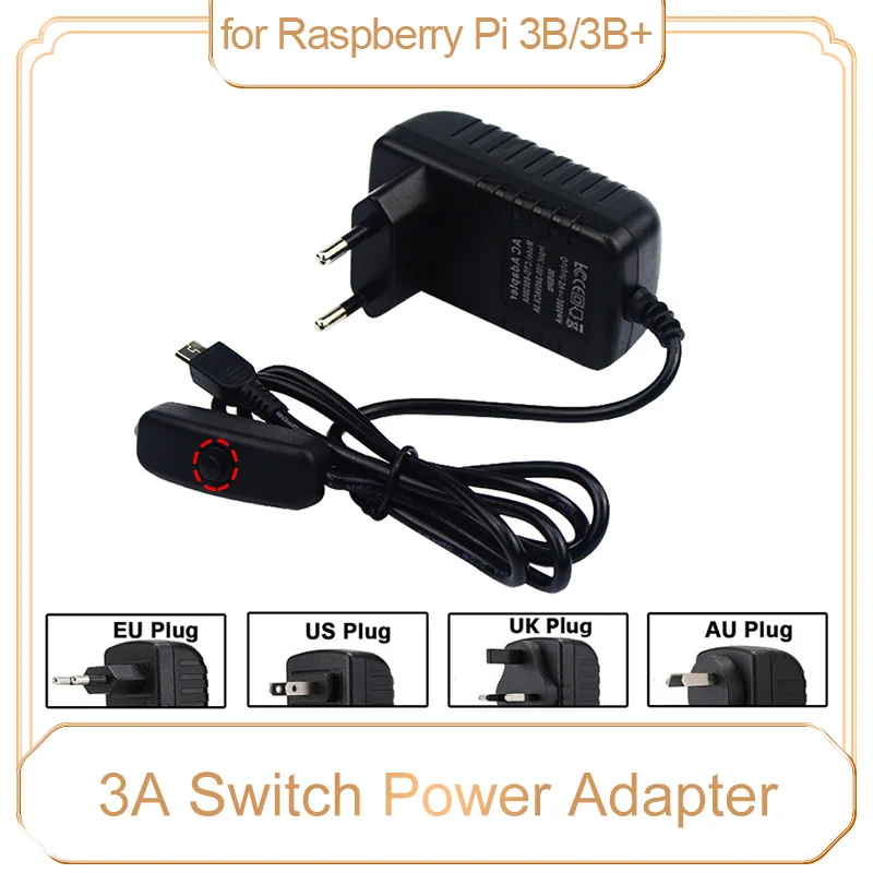 Zasilacz Raspberry Pi 3 B Plus 5V 3A EU US AU UK Zasilacz ON OFF Złącze ładowarki do Raspberry Pi 3 Model B