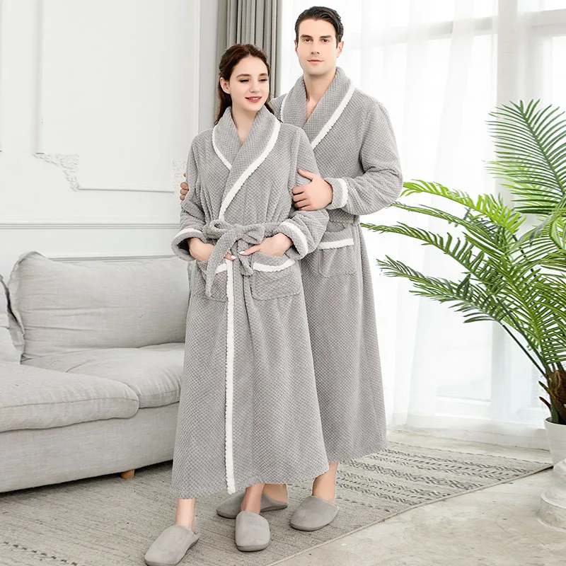 

Kimono Bathrobe Couple Bathrobes Gown Full Sleeve Home Dressing Gown Sweet couple Nightwear Flannel Thermal Bath Robe