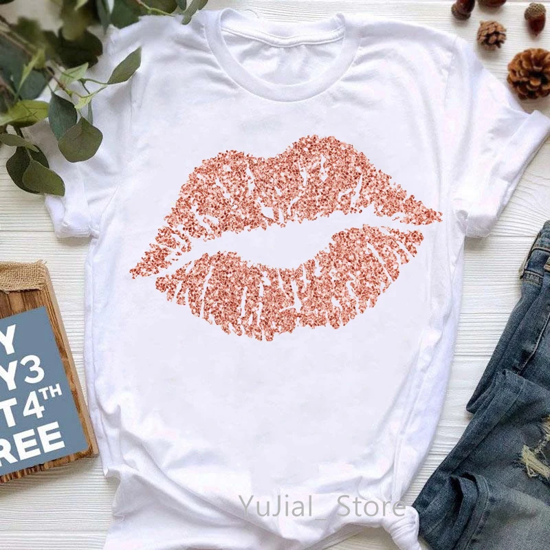 Red Glitter Lips Print T-Shirt Women\'S Clothing Summer Fashion Tshirt Femme White Style T Shirt Female Harajuku Shirt Wholesale