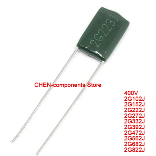 

50pcs Polyester film capacitor 400V 2G102J 2G152J 2G222J 2G272J 2G332J 2G392J 2G472J 2G562J 2G682J 2G822 1NF 2.2NF 3300PF 4700PF