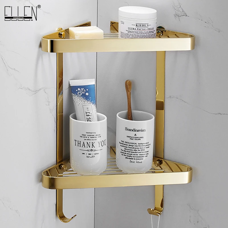 Gold Bathroom Corner Shelves 2 Layer Solid Copper Wall Bathroom Shelf Shampoo Storage Accessories Shelves ELF45