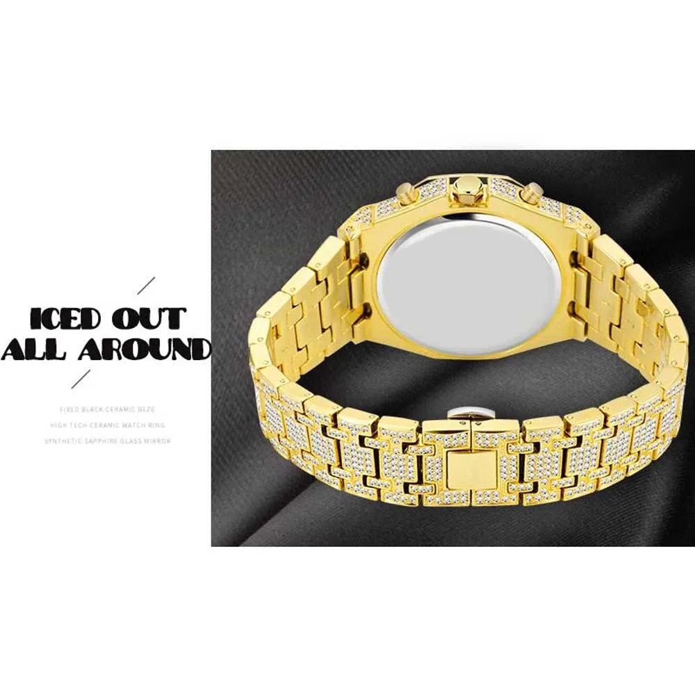 18K Gold Watch Men Luxury Brand Around Bling Diamond Mens Watches Waterproof Stainless Steel Hip Hop Quartz Wristwatches Relogio