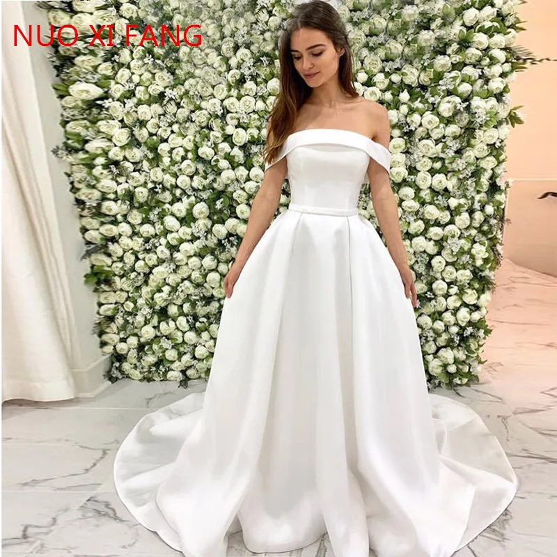 NUOXIFANG Eightale Satin Hochzeit Kleid Liebsten Weg Von der Schulter EINE Linie Weiß Einfache Brautkleider robe mariage 2022