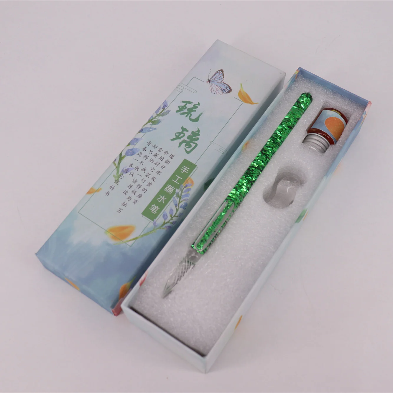 Glass Dip Pen And Ink Set Creative Gift Box Gold Powder Color Ink Handmade Sequined Glass Dip Pencil And Blue Gifts