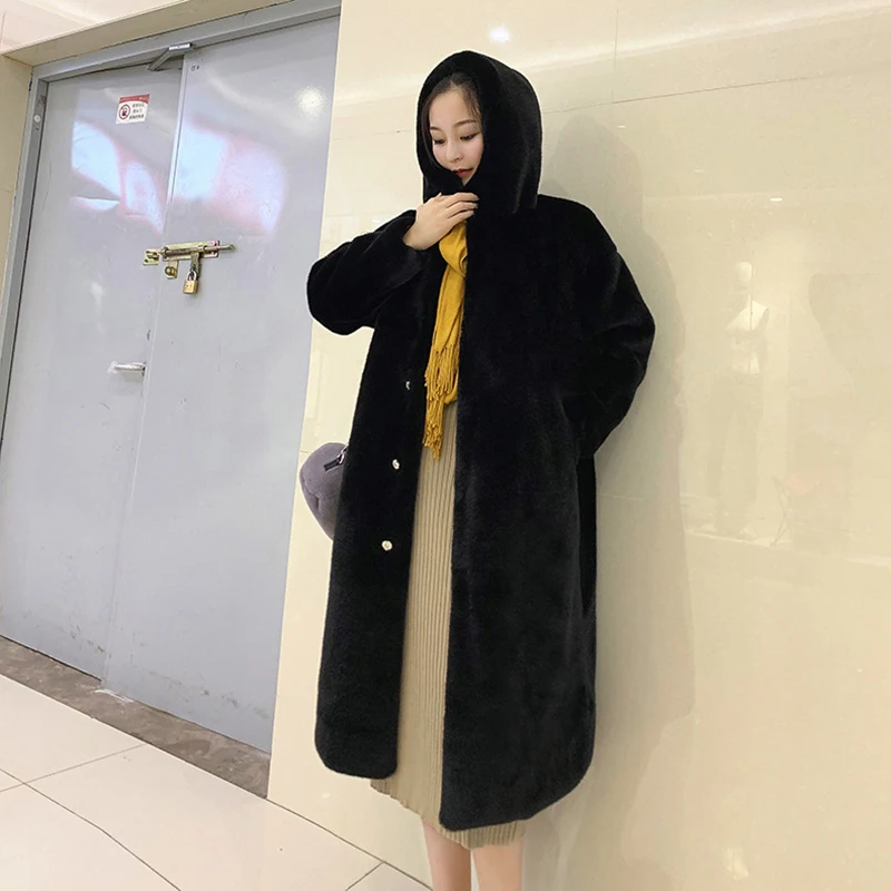 New Fashion Fur Coat Imitation Mink Velvet Fur Thickened Loose Plush Hooded Jacket Female Warm Winter