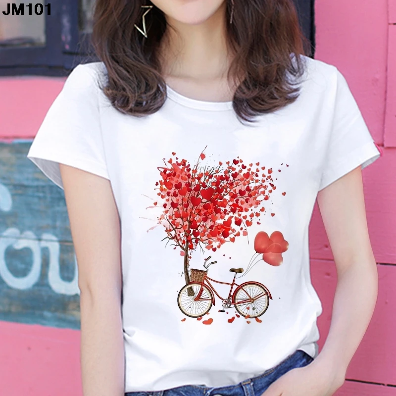 

Summer Harajuku Korean Women's Tshirt Fashion Bicycle Love Print Woman T Shirt Short Sleeve Tops Tee Casual White Female T-shirt