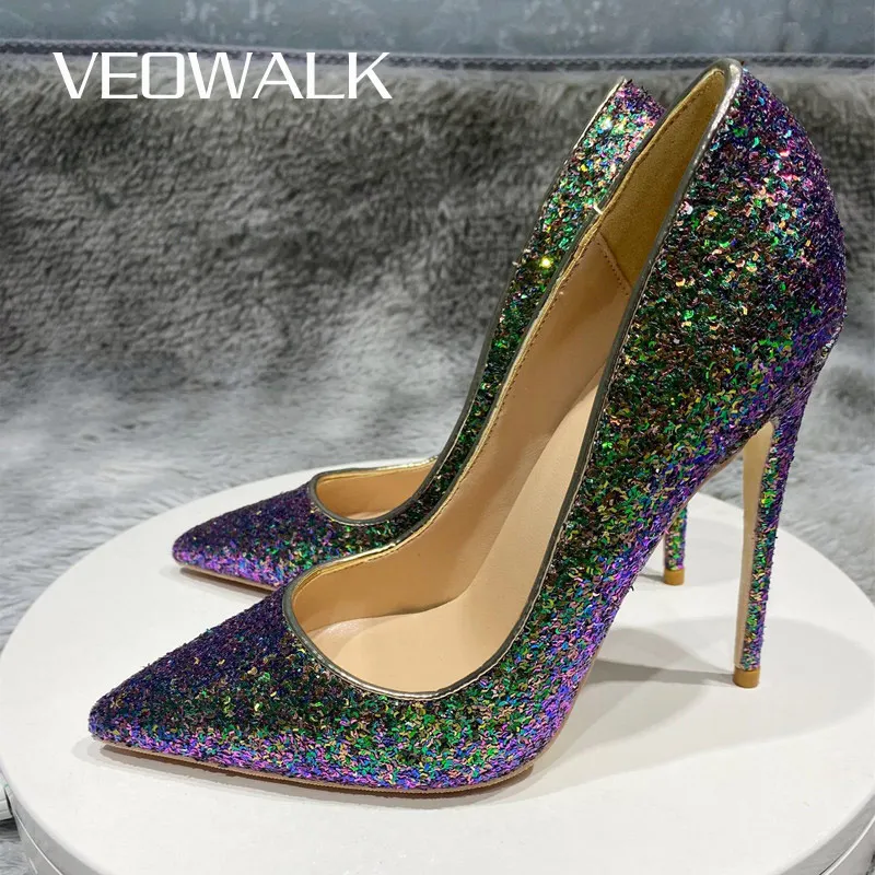 Veowalk Dark Green Women Glitter Wedding Party High Heels Shoes Elegant Ladies Pointed Toe Stilettos Pumps Plus Size 33-45