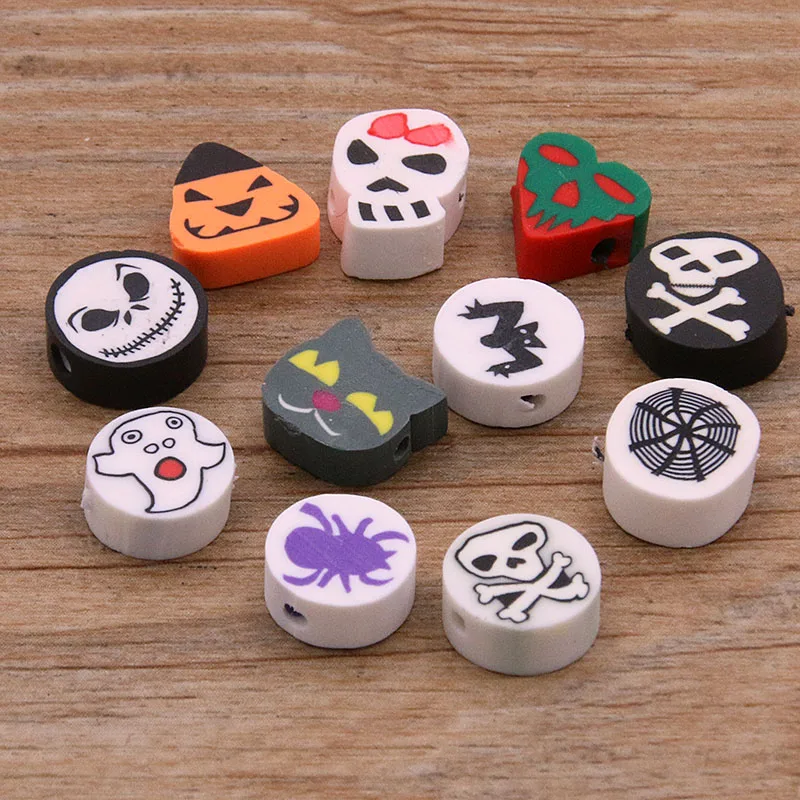 30Pcs 11 Styles Mix Colors Halloween Series Skull Shape Clay Spacer Beads Polymer For Jewelry Making DIY Handmade Accessories