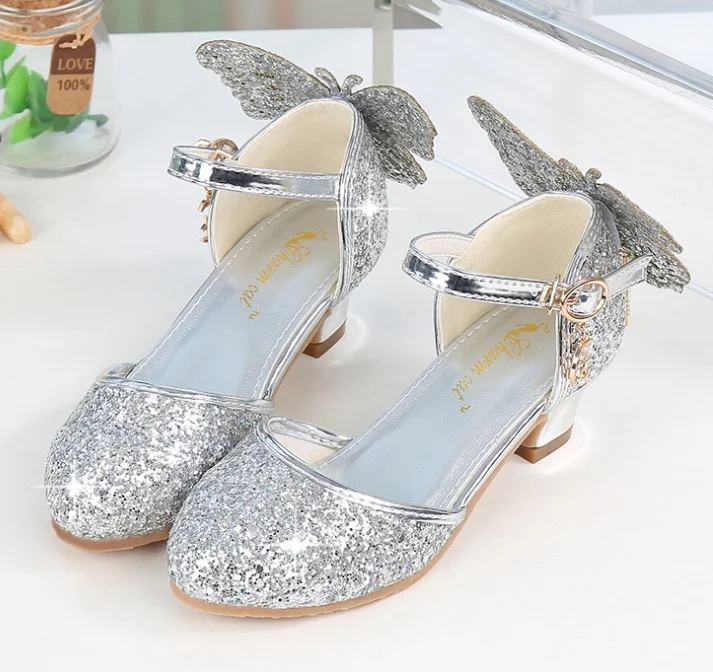 Chaussures de princesse en cuir pour filles, à paillettes, nœud papillon, robe de soirée, talons hauts, rose, argent