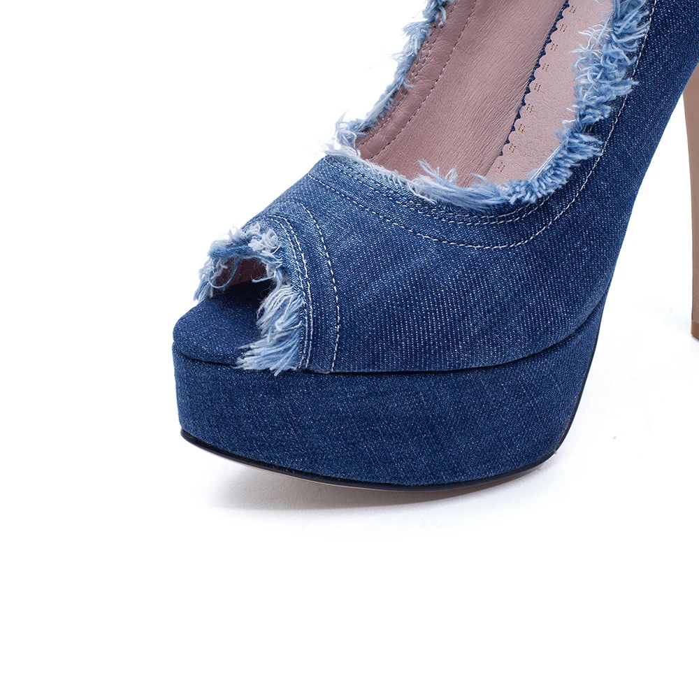 Women Denim High Heels Party Platform Shoes Fish Mouth Spring Pumps Woman Open Toe Slip On Thin Heels Female Dress Stilettos 41