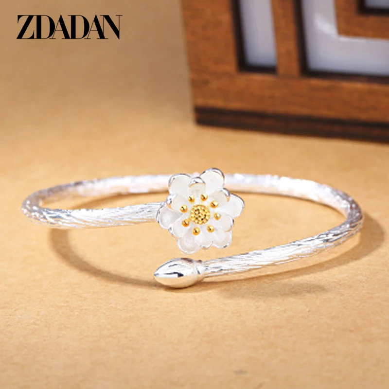 ZDADAN New Arrival 925 Sterling Silver Lotus Cuff Bracelet For Women Jewelery Gifts