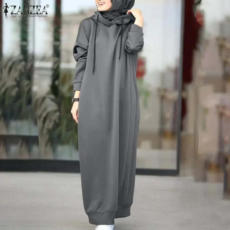 Women Winter Pullovers ZANZEA 2023 Stylish Hooded Hoodies Dress Casual Long Sleeve Maxi Vestidos Female Drawstring Robe Femme