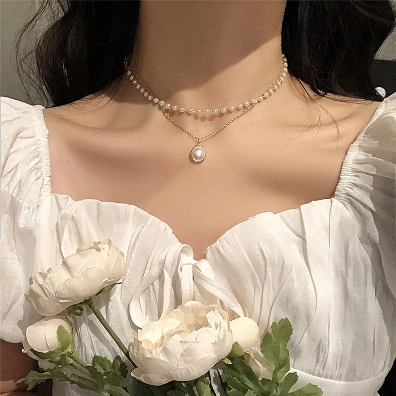 Choker For Women Double Layer Women Fashion Imitation Pearl Pendant Necklace Golden Silver Color Neck Jewelry For Girl Gift