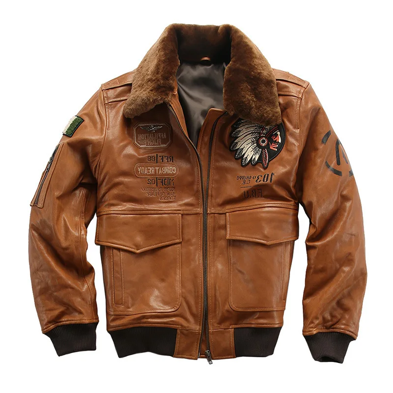 2020 Light Brown Men Italy Military Pilot Jacket Plus Size XXXXL Wool Collar Genuine Sheepskin Aviator Leather Coat