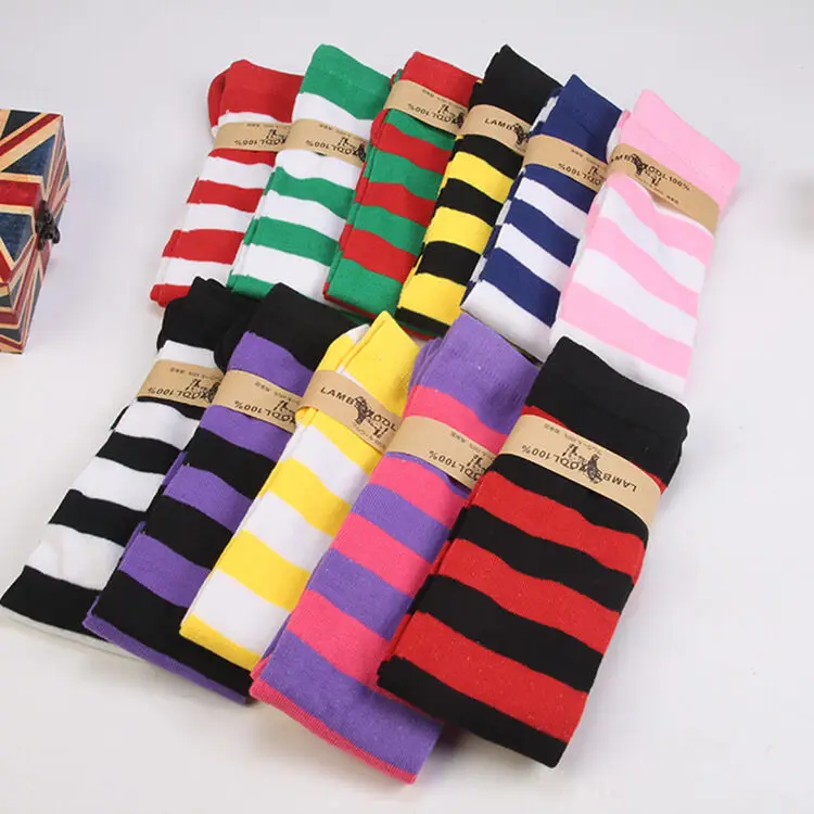 1Pair New Women Girls Over Knee Long Stripe Printed Thigh High Striped Patterned Socks Sweet Cute Warm Wholesale Lot  11 Colors