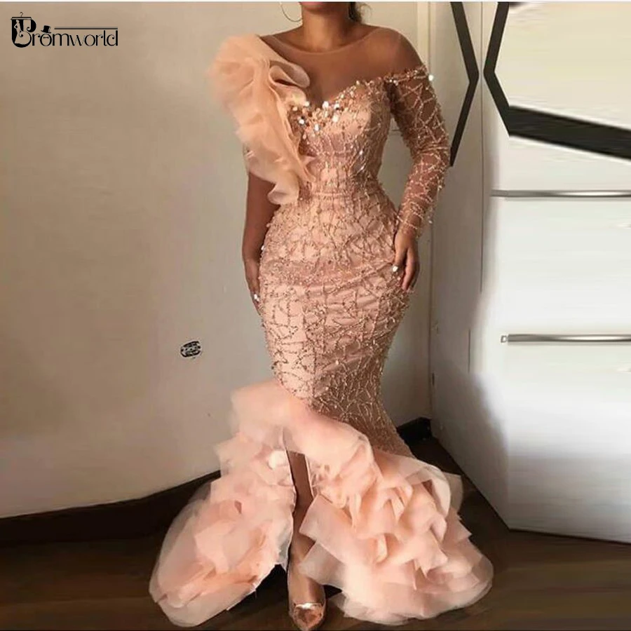 Elegant Sparkle Beaded Mermaid Evening Dresses 2021 Ruffles หนึ่งไหล่ Sequined แขนยาวชุดราตรีเซ็กซี่อย่างเป็นทางการ