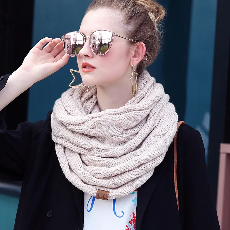 New women solid color cable knitting wool snood infinity scarf winter neck warmer cowl collar circle scarves AC041