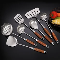 304 Stainless Steel Wooden Handle Cooking Utensil Spatula Shovel Spaghetti Rice Spoon Colander Kitchenware Kitchen Accessories