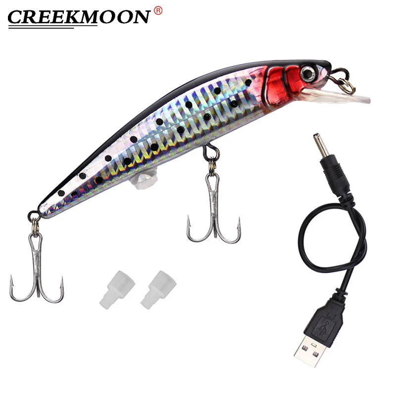 Electronic Artificial Bait USB Charging Rechargeable LED T Fish Vibrate Winter Ice Fishing Fake Lure Triple Hook Fishing Baits