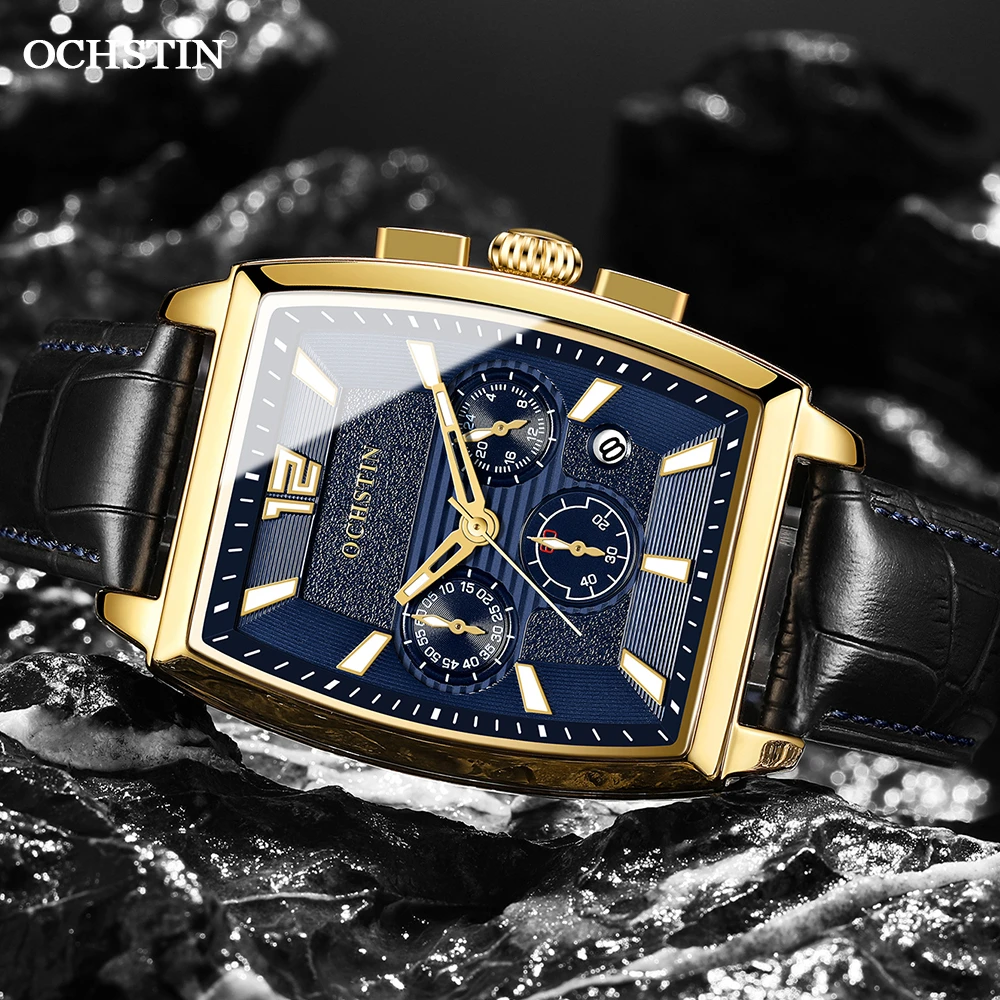 2023 OCHSTIN New Mens Square Watch Bussiness Quartz Wristwatch Leather Male Original Chronograph Waterproof Clock часы мужские