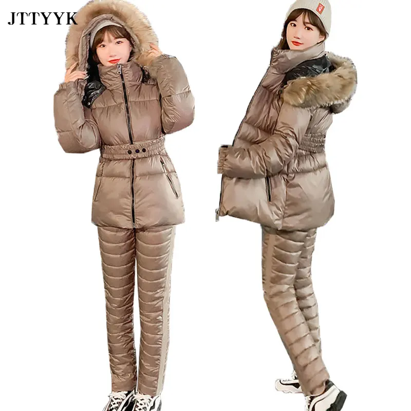 Fashion Two Piece Outfits Women Sets Hooded Coat And Cotton pants Winter Jacket Parka Ladies Thick 2 Piece Set Casual Tracksuits