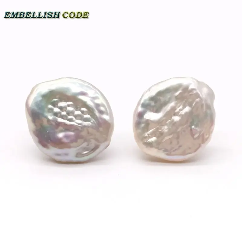 

17mm Stud Earring Simple Tissue Nucleated White Color Freshwater Pearls Flat Nearround Coin Jewelry Cost Effective