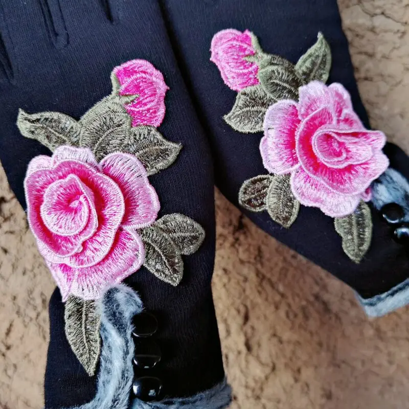 Punk Cotton Lái Xe Fingerless Gloves Cho Găng Tay Nữ Mùa Đông Màn Hình Cảm Ứng Hoa Thêu Tay Thu Đông