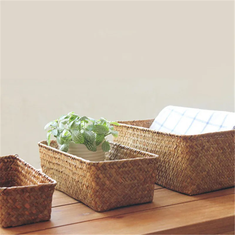 Handwoven Small Seagrass Storage Box Wicker Basket Fruit Bread Snacks Boxes Remote Control Underwear Toys Makeup Organizer