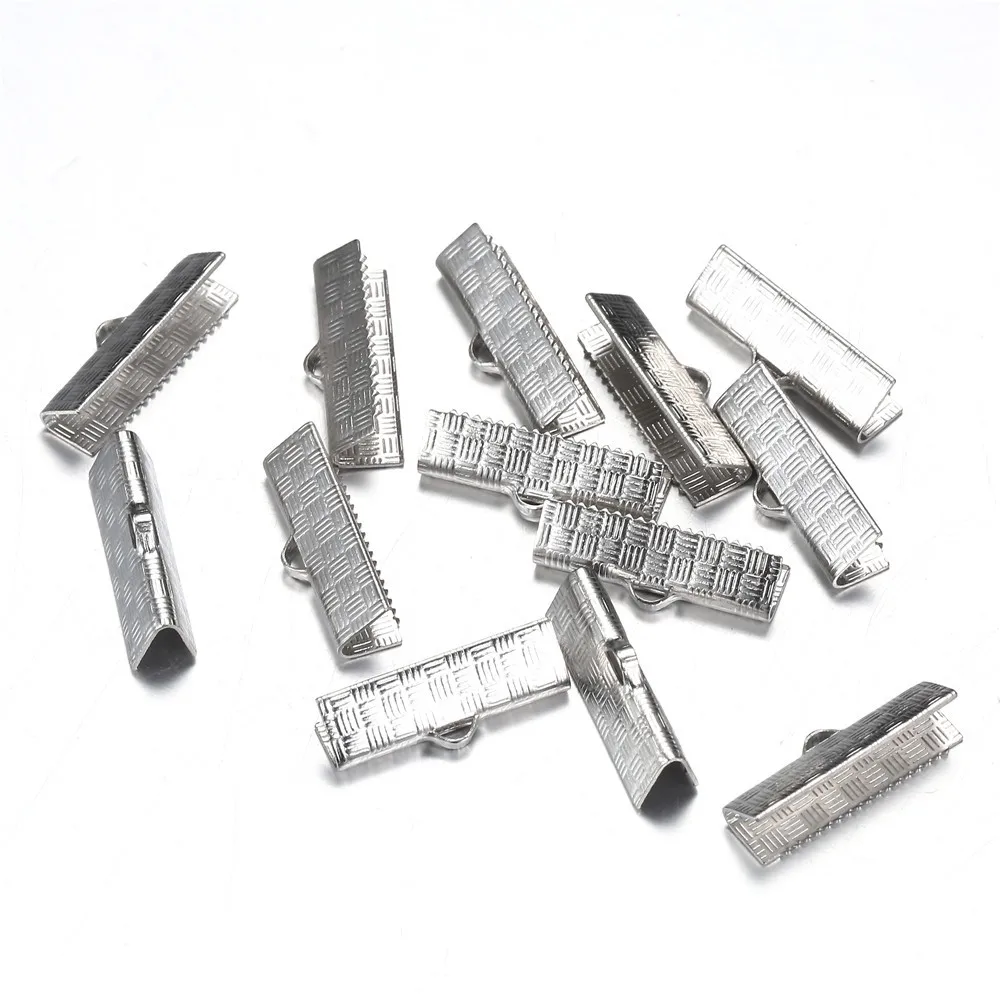 50PCS/Lot Stainless Steel Ribbon Textured Clip Crimp Beads For Jewelry DIY Makings Bracelet Fastener Clamp Cord Accessories