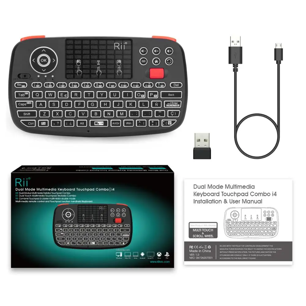 Mini teclado sem fio BT com mouse de ar retroiluminado para Windows, Rii i4, 2.4G, russo, inglês, Espanha, Android