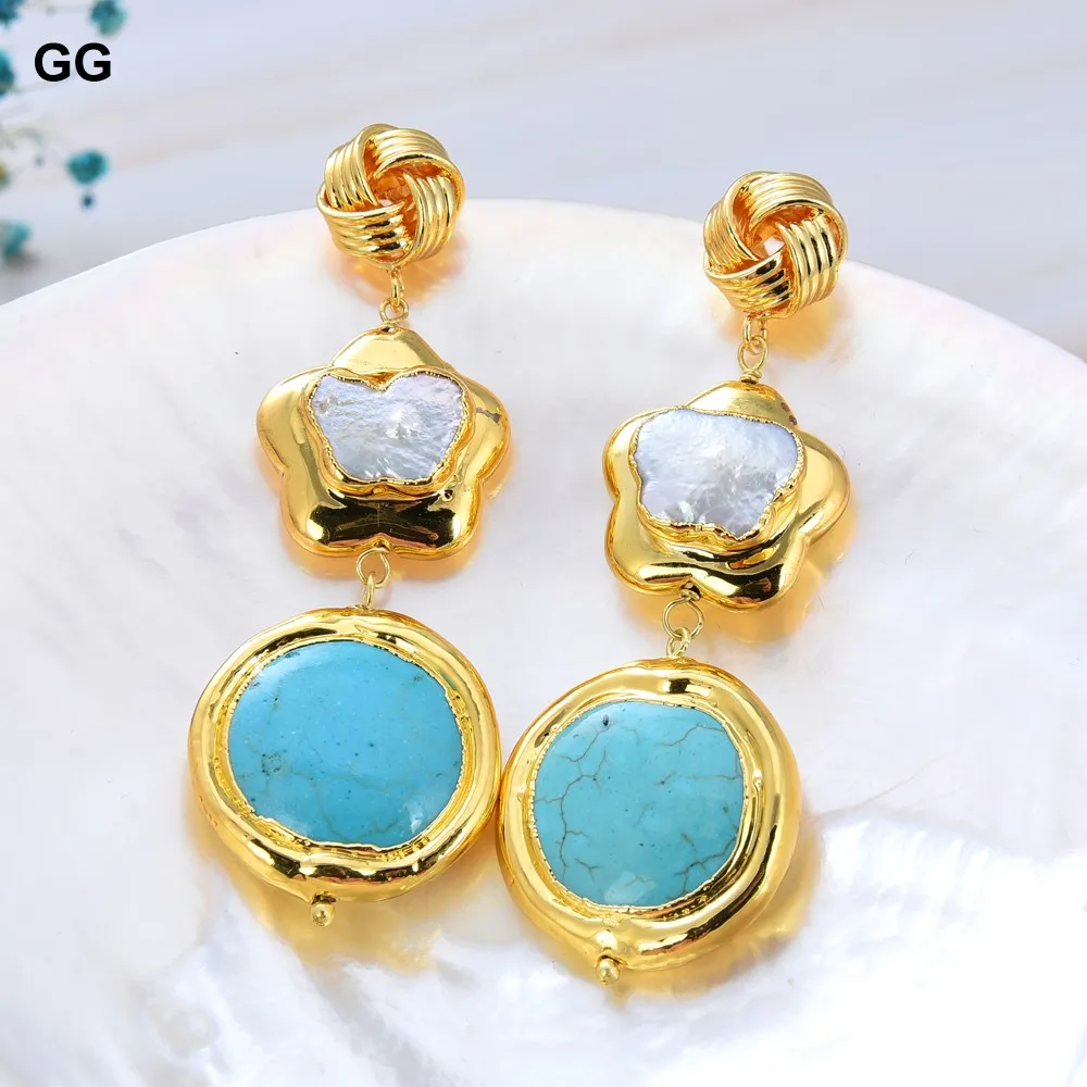 GuaiGuai Jewelry Cultured White Keshi Pearl Flower Blue Turquoises Coin Gold Color Plated Dangle Hook Earrings For Women