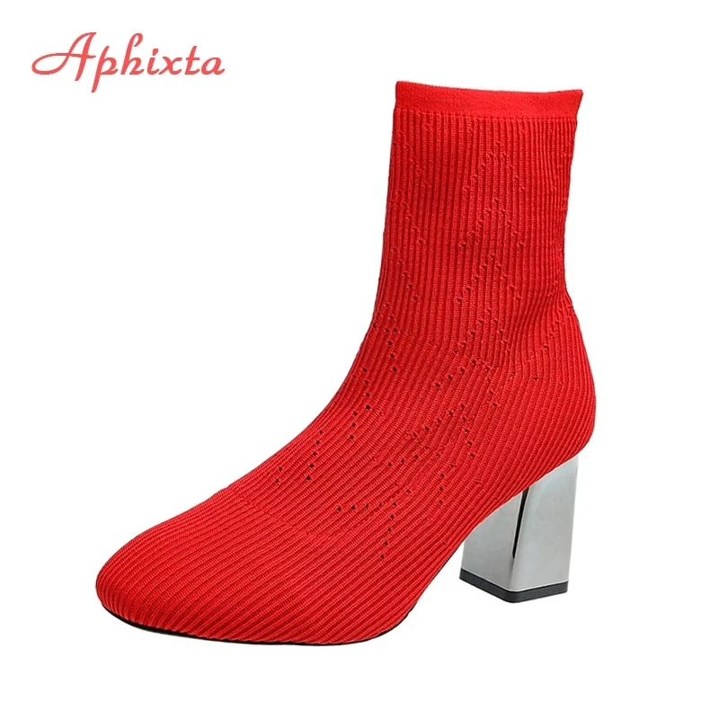 Aphixta 2022 New Fashion Ankle Boots Women Shoes Elastic Sock Boot Chunky High Heels Stretch Sexy Booties Pointed Toe Plus 41 43