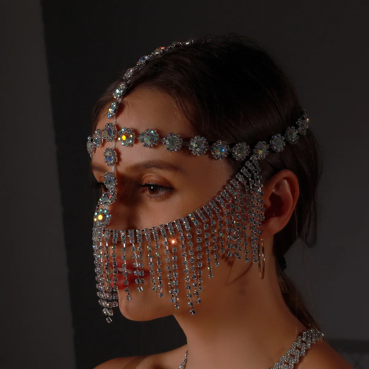 Rhinestone Tassel Chain Veil Masks Face Mask Dance Party Costume Head Decor Halloween Masquerade Nightclub Show for Women Props